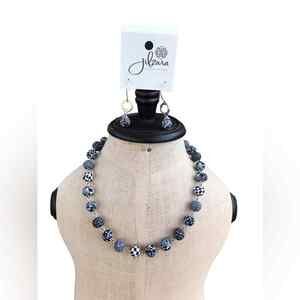 Jilzara Premium Clay Black / White Pattern Bead Necklace and Earrings Set NEW